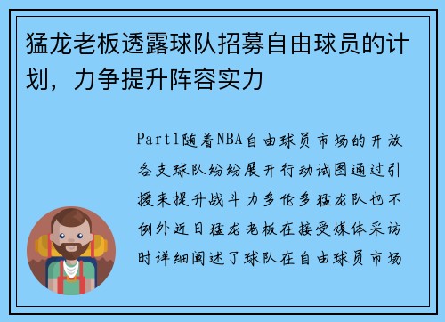 猛龙老板透露球队招募自由球员的计划，力争提升阵容实力